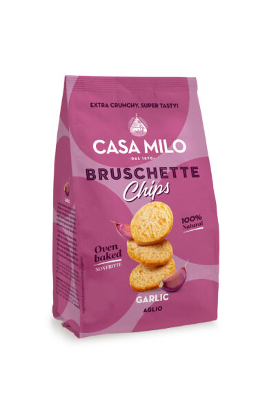 Bruschette Chips Czosnek 70g Casa Milo – chrupiące włoskie grzanki czosnkowe w fioletowym opakowaniu 70 g